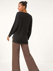Roman Black Soft V-Neck Side Split Knit Sweater - Image 3 of 5
