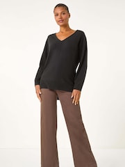 Roman Black Soft V-Neck Side Split Knit Sweater - Image 4 of 5