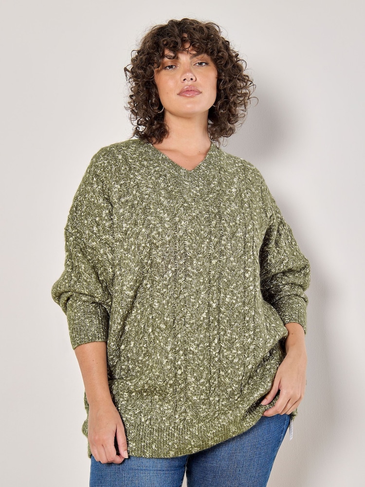 Apricot Green Aran Knit V-Neck Jumper - Image 1 of 5