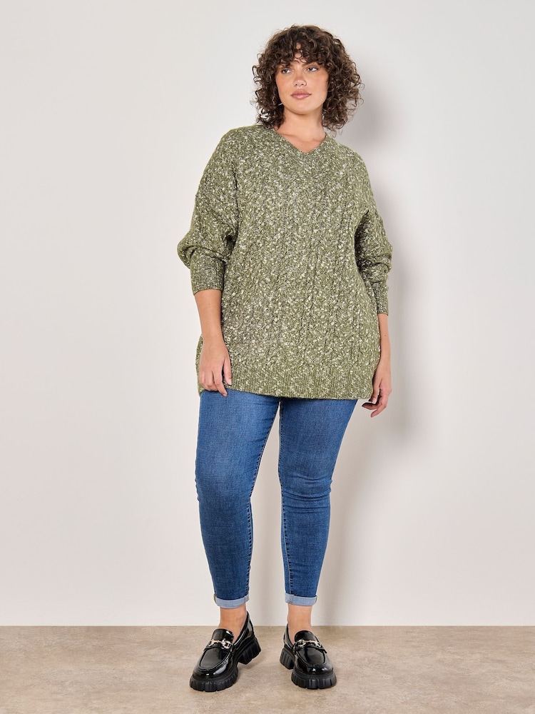 Apricot Green Aran Knit V-Neck Jumper - Image 2 of 5
