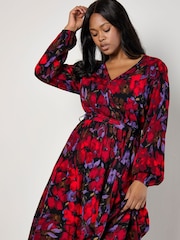 Apricot Red Moody Floral Faux Wrap Midi Dress - Image 1 of 5