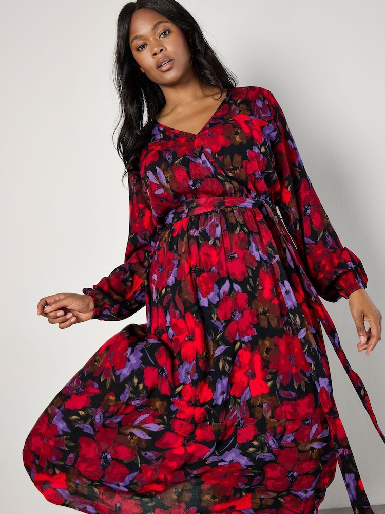 Apricot Red Moody Floral Faux Wrap Midi Dress - Image 2 of 5