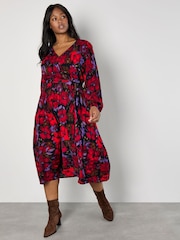 Apricot Red Moody Floral Faux Wrap Midi Dress - Image 3 of 5