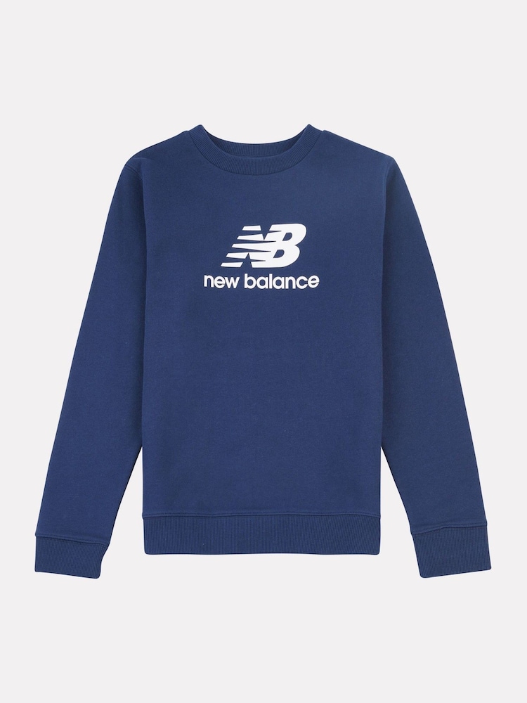 New Balance Blue Navy Kids French Terry Stacked Logo Crew 100% Cotton Sweatshirt - Image 1 of 3