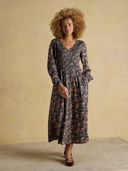Joules Lilliana Navy Shirred Dress - Image 1 of 8