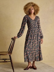 Joules Lilliana Navy Shirred Dress - Image 3 of 8