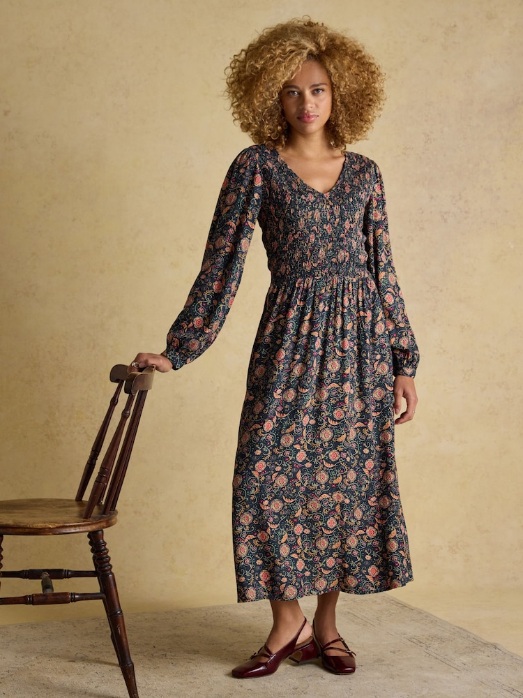 Bleumarin - Joules Lilliana Shirred V-Neck Long Sleeve Midi Print Dress - Image 3 of 8