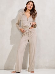 Ecru Embroidered Velour Relaxed Wide Leg Joggers - Image 1 of 4