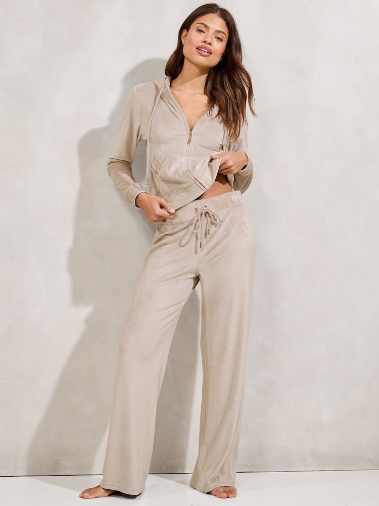 Ecru Embroidered Velour Relaxed Wide Leg Joggers - Image 1 of 4