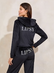 Black Embroidered Velour Zip Through Hoodie - Image 2 of 4