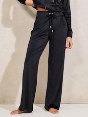 Black Embroidered Velour Relaxed Wide Leg Joggers - Image 1 of 4