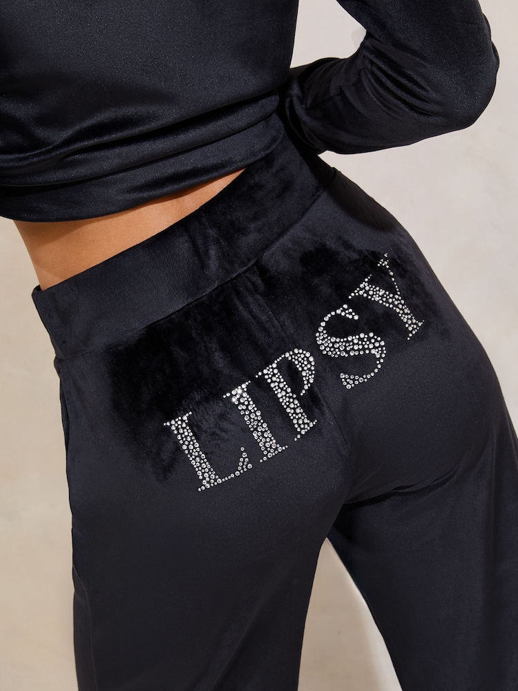 Black Embroidered Velour Relaxed Wide Leg Joggers - Image 4 of 4
