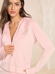 Pink Embroidered Velour Zip Through Hoodie - Image 1 of 5