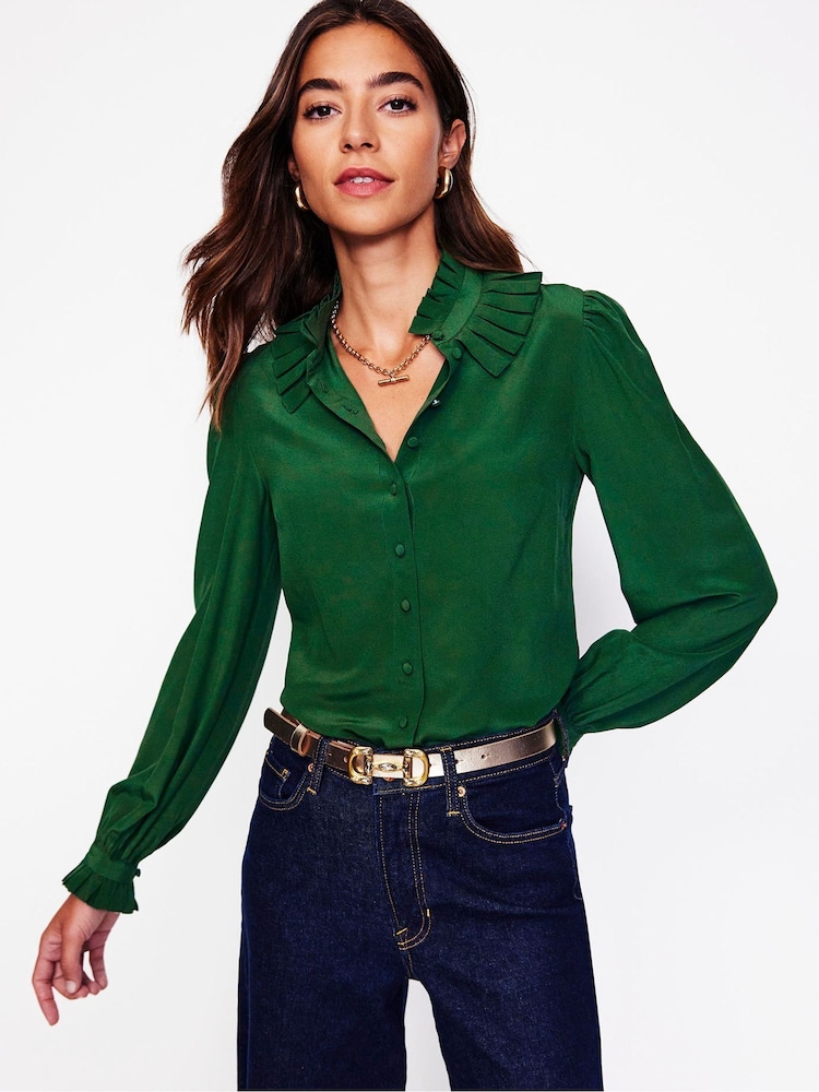 Boden Green Ruffle Collar Silk Blouse - Image 1 of 5