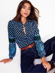 Boden Blue Fay Smocked Jersey Shirt - Image 1 of 5