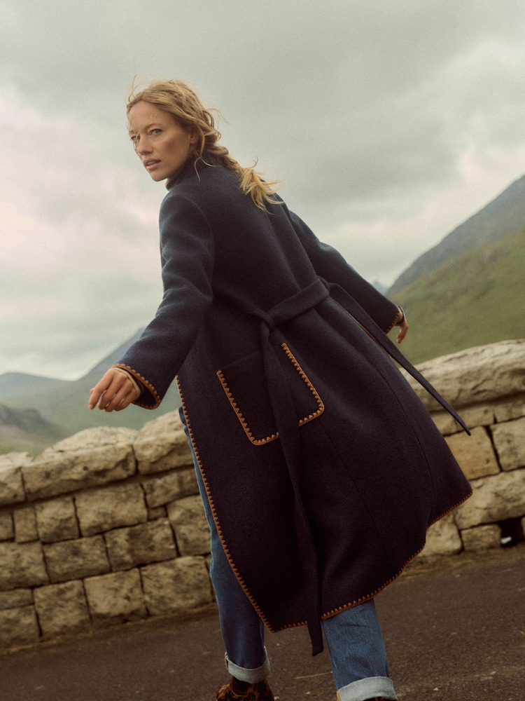 Boden Blue Blanket Stitch Wrap Coat - Image 1 of 6 Boden Blue Blanket Stitch Wrap Coat - Image 1 of 6