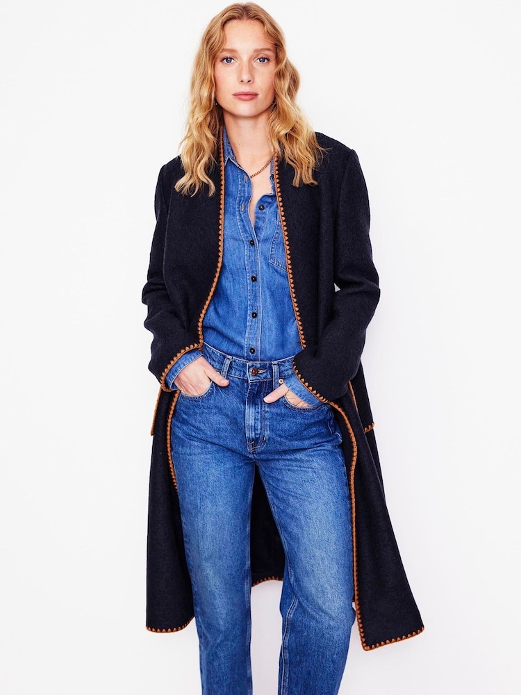 Boden Blue Blanket Stitch Wrap Coat - Image 2 of 6 Boden Blue Blanket Stitch Wrap Coat - Image 2 of 6