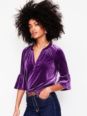 Boden Purple Notch Neck Frilled Velvet Top - Image 2 of 5