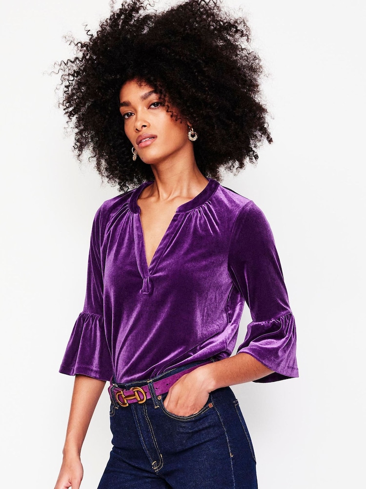 Boden Purple Notch Neck Frilled Velvet Top - Image 2 of 5