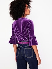 Boden Purple Notch Neck Frilled Velvet Top - Image 3 of 5