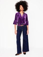 Boden Purple Notch Neck Frilled Velvet Top - Image 4 of 5