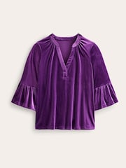 Boden Purple Notch Neck Frilled Velvet Top - Image 5 of 5