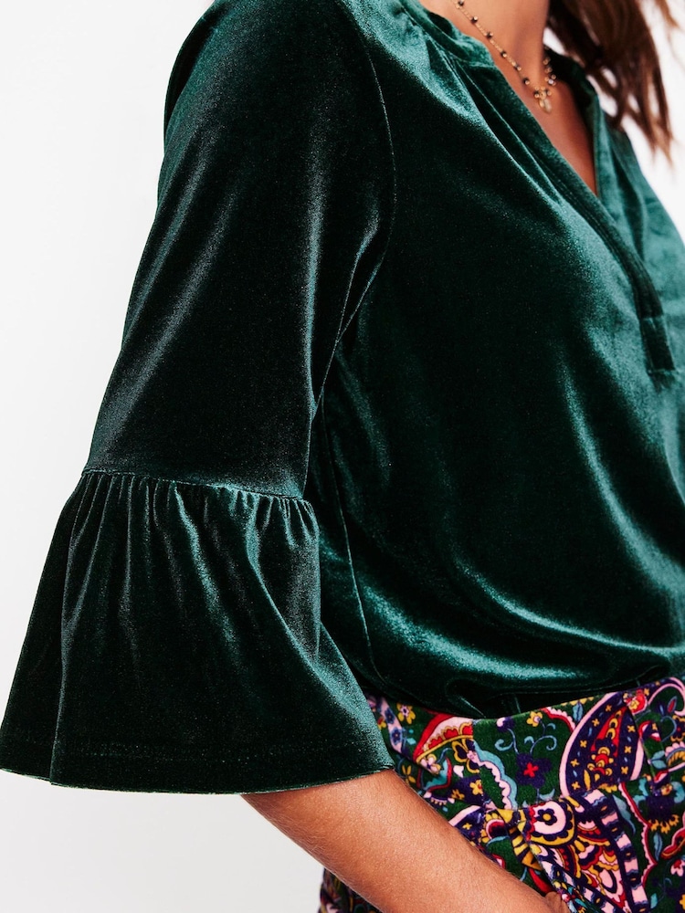Boden Green Notch Neck Frilled Velvet Top - Image 2 of 5