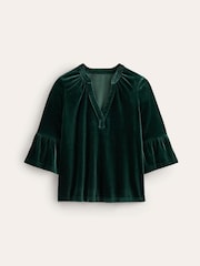Boden Green Notch Neck Frilled Velvet Top - Image 5 of 5