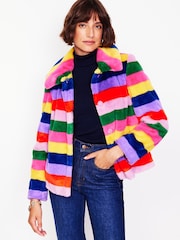 Boden Yellow Stripe Faux-Fur Coat - Image 1 of 5