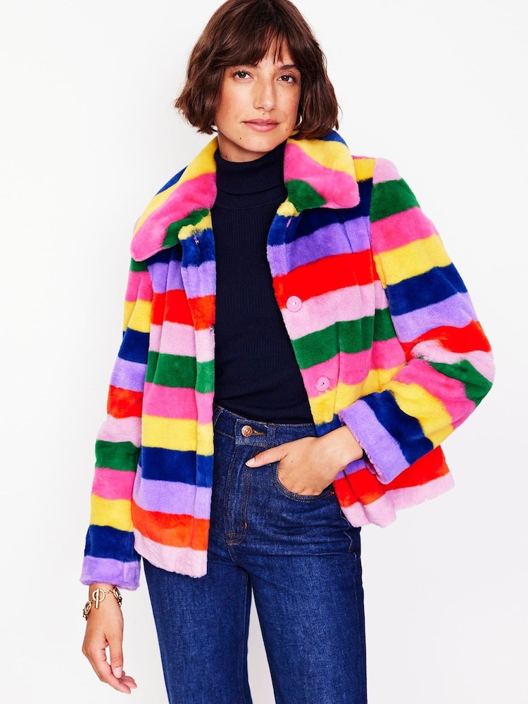 Boden Yellow Stripe Faux-Fur Coat - Image 1 of 5