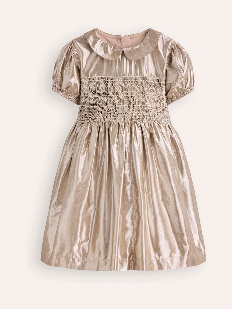 Boden Gold Smocked Party Dress - Image 1 of 4 Boden Gold Smocked Party Dress - Image 1 of 4