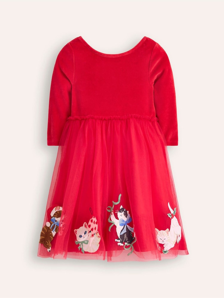 Boden Red Velvet Tulle Appliqué 100% Cotton Christmas Dress - Image 1 of 3
