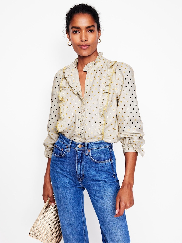 Boden Grey Isla Frill Detail 100% Cotton Blouse - Image 1 of 5 Boden Grey Isla Frill Detail 100% Cotton Blouse - Image 1 of 5
