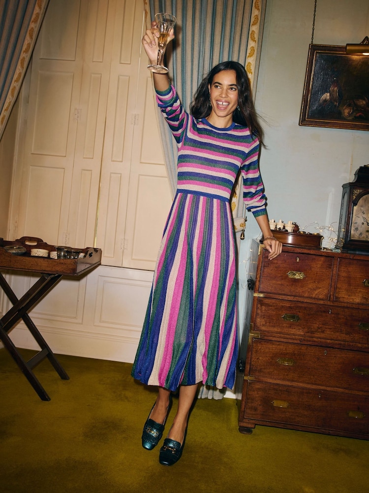 Boden Green Ribbed Metallic Party Dress - Image 1 of 6