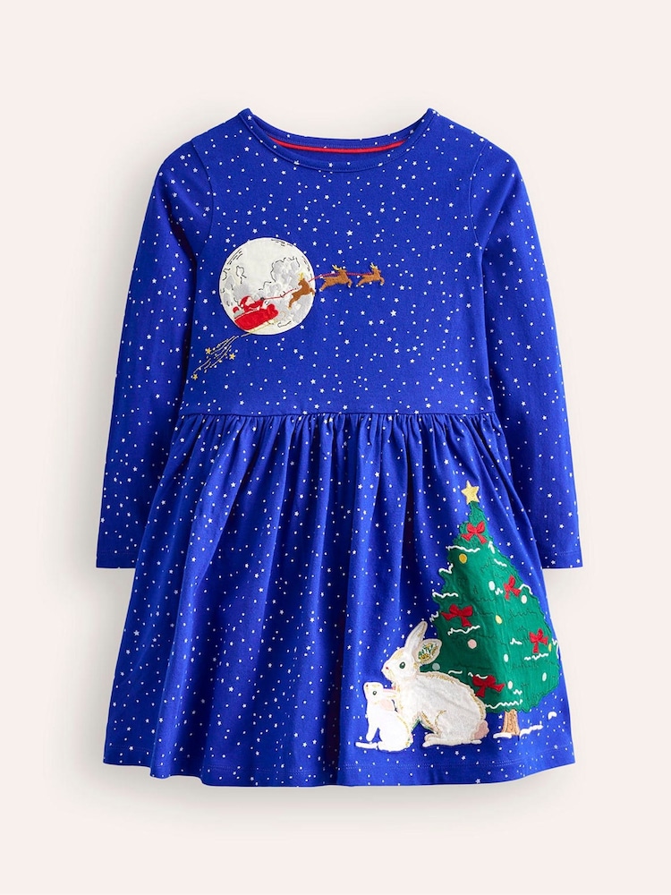 Boden Blue Coco 100% Cotton Appliqué Hem Christmas Jersey Dress - Image 1 of 3 Boden Blue Coco 100% Cotton Appliqué Hem Christmas Jersey Dress - Image 1 of 3