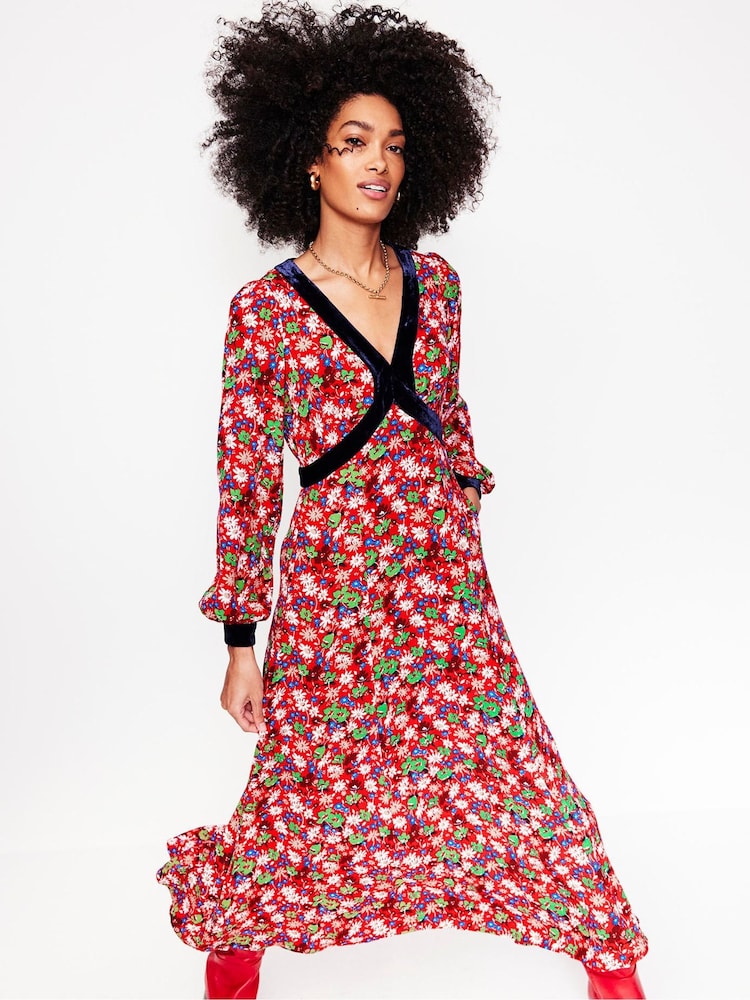 Boden Red Velvet Trim Maxi Tea Dress - Image 1 of 5