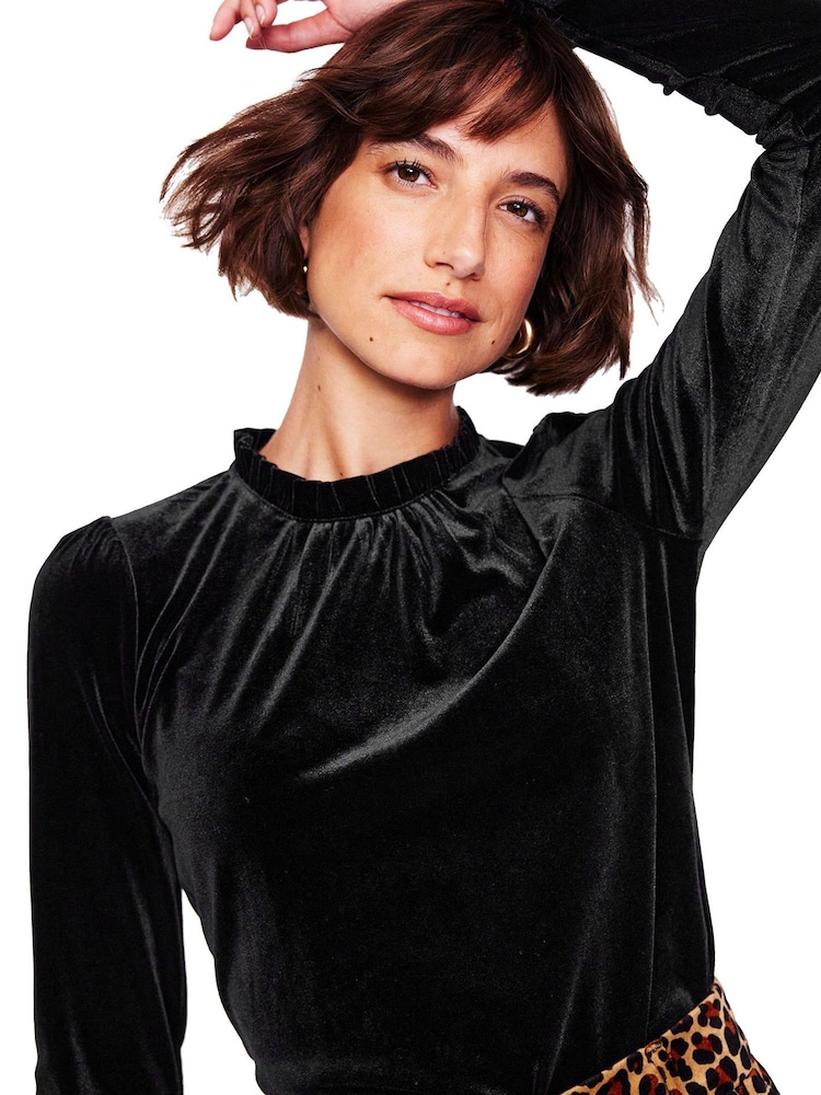 Boden Black Velvet Frill Neck Top - Image 1 of 5