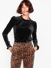 Boden Black Velvet Frill Neck Top - Image 2 of 5