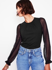 Boden Black Crew Neck Blouson Sleeve Top - Image 4 of 5