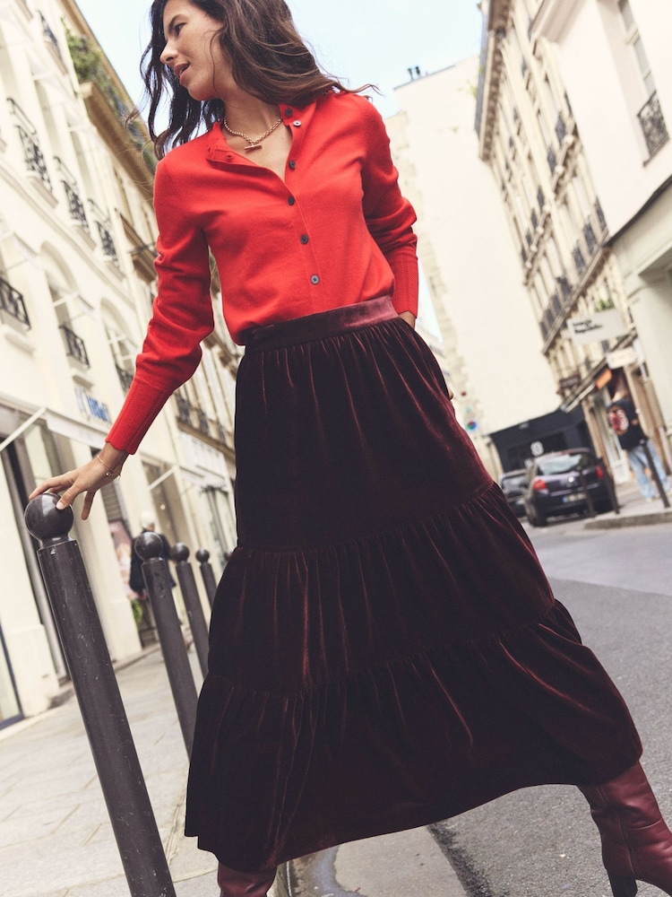 Boden Burgundy Viv Velvet Tiered Maxi Skirt - Image 1 of 6 Boden Burgundy Viv Velvet Tiered Maxi Skirt - Image 1 of 6