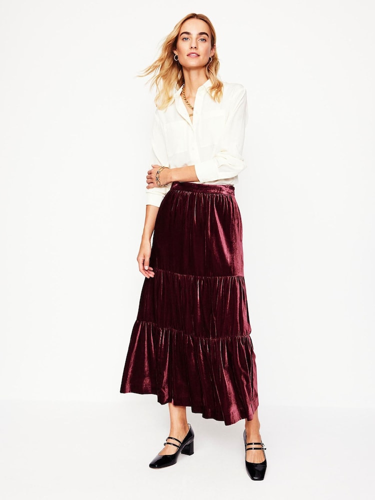Boden Burgundy Viv Velvet Tiered Maxi Skirt - Image 2 of 6 Boden Burgundy Viv Velvet Tiered Maxi Skirt - Image 2 of 6