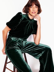 Boden Green Velvet Puff Sleeve Top - Image 1 of 5
