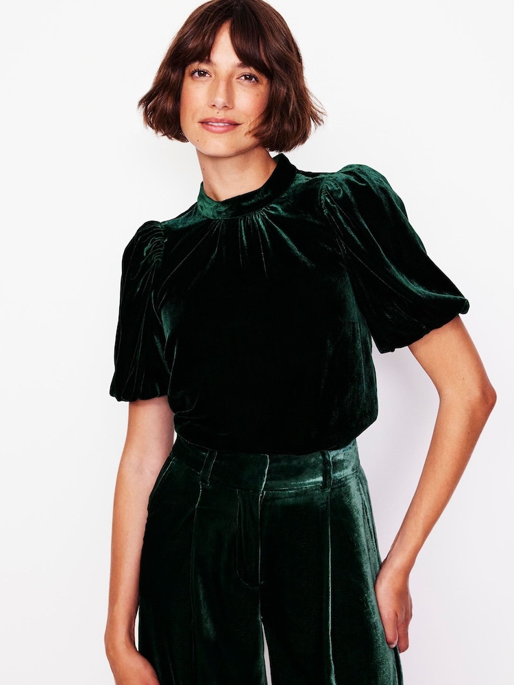 Boden Green Velvet Puff Sleeve Top - Image 2 of 5