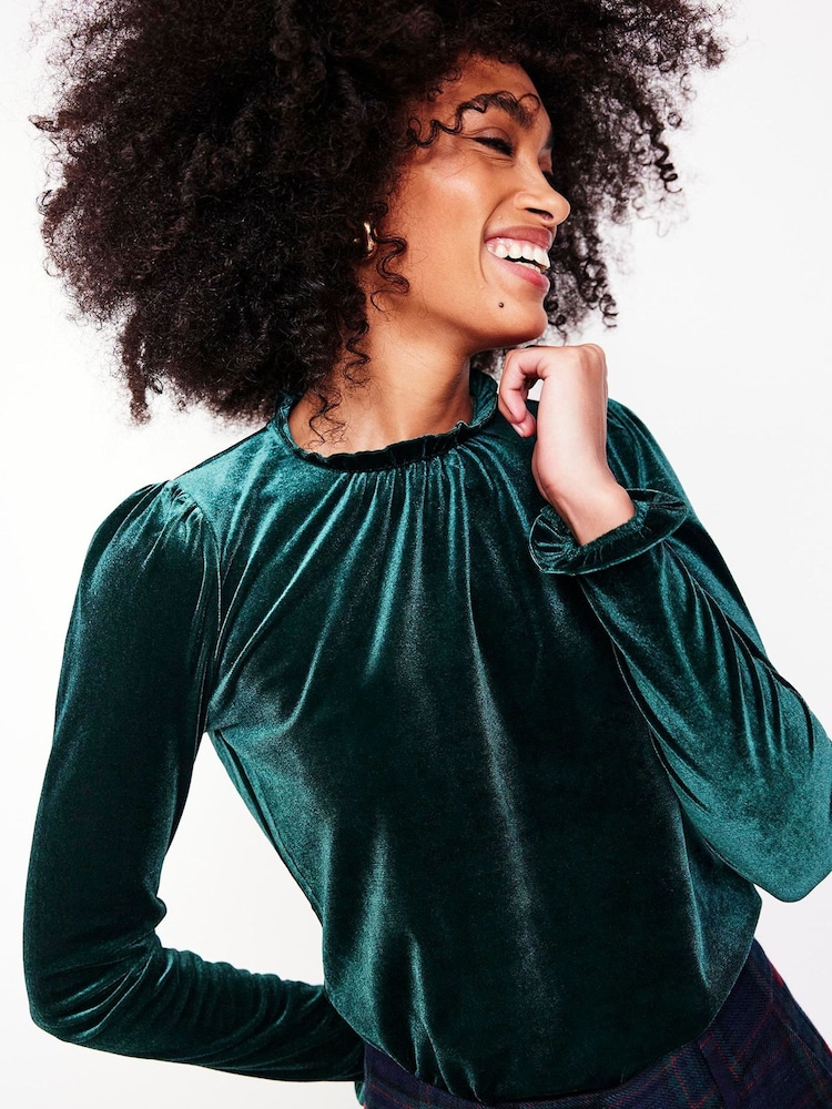 Boden Green Velvet Frill Neck Top - Image 1 of 5