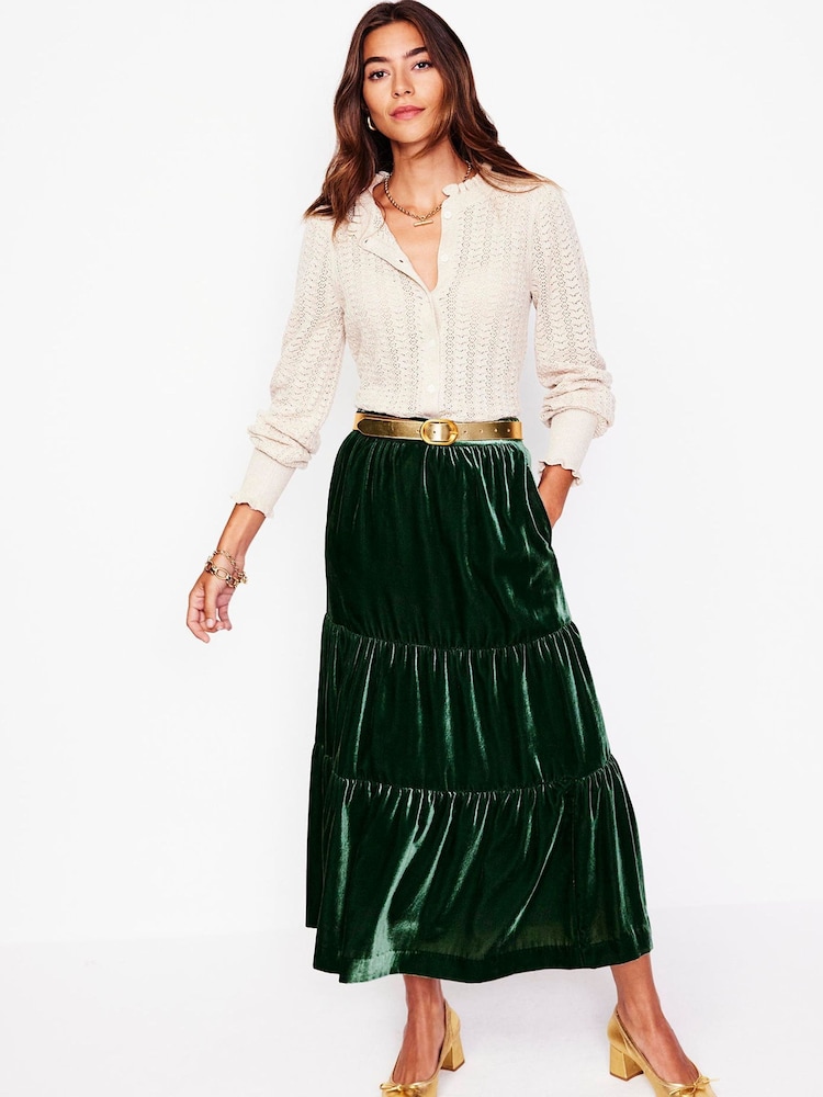 Boden Green Viv Velvet Tiered Maxi Skirt - Image 1 of 5 Boden Green Viv Velvet Tiered Maxi Skirt - Image 1 of 5
