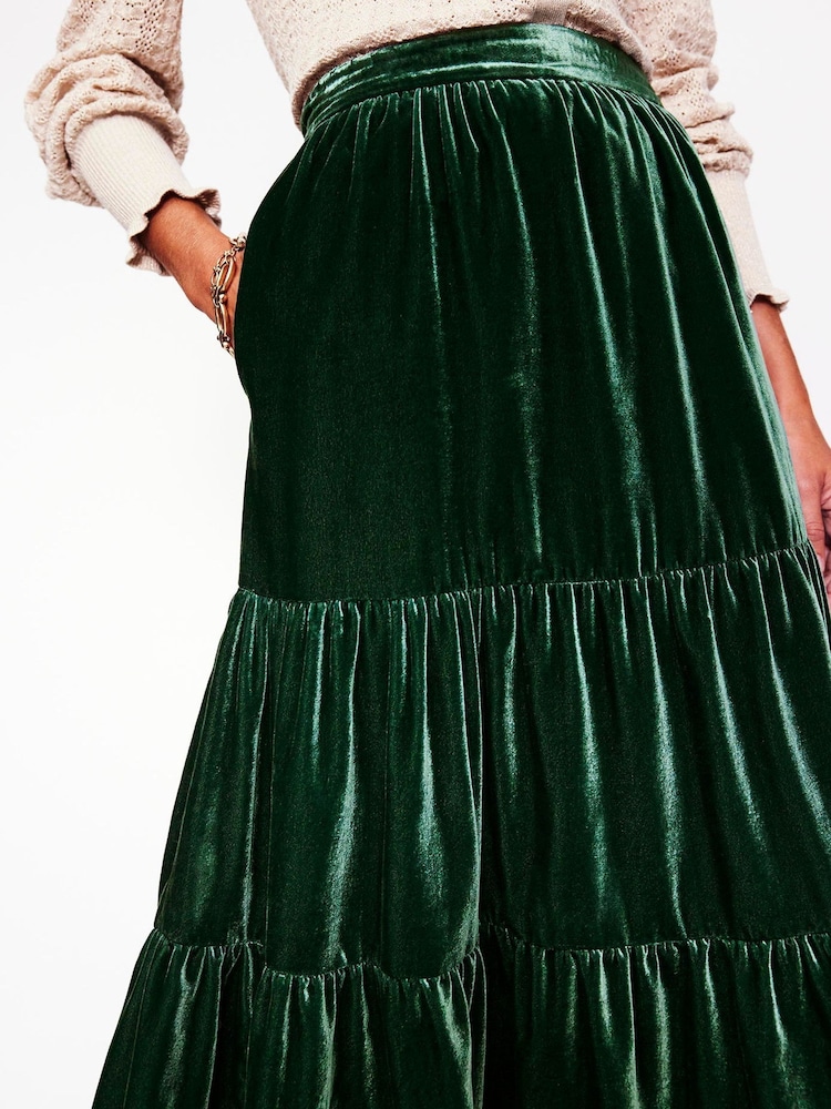 Boden Green Viv Velvet Tiered Maxi Skirt - Image 2 of 5 Boden Green Viv Velvet Tiered Maxi Skirt - Image 2 of 5