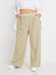 Yours Curve Natural Drawstring Contrast Waist Wide Trousers - Image 1 of 5
