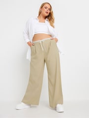 Yours Curve Natural Drawstring Contrast Waist Wide Trousers - Image 2 of 5
