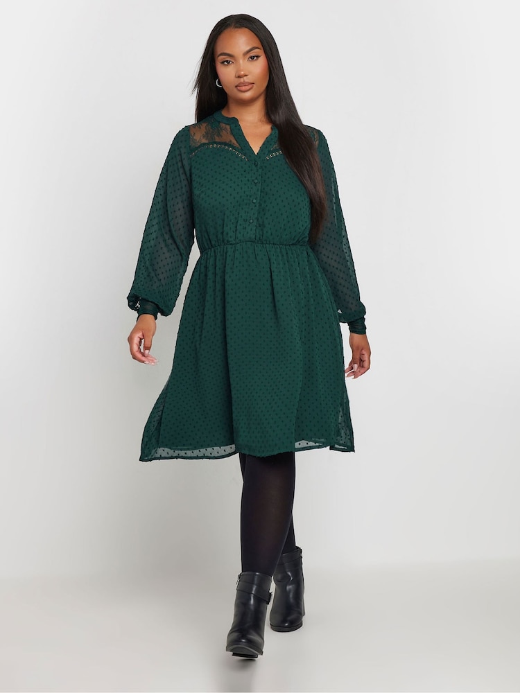 Yours Curve Green Lace Dobby Mesh Dress - Image 1 of 6