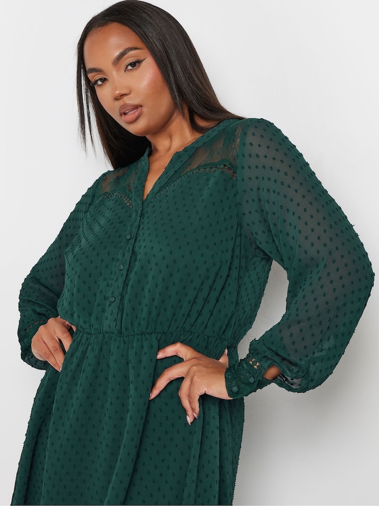 Yours Curve Green Lace Dobby Mesh Dress - Image 2 of 6
